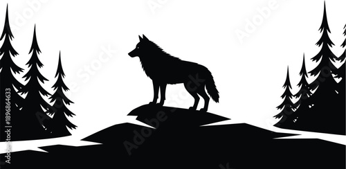 Lone wolf stands atop a snowy hill silhouette surrounded by tall pine trees against a bright white sky.