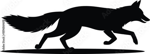 Black silhouette of a running fox or coyote shape is isolated against a white background for graphic design use.