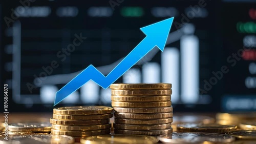 Stacks of coins, an upward blue arrow, and a finance screen