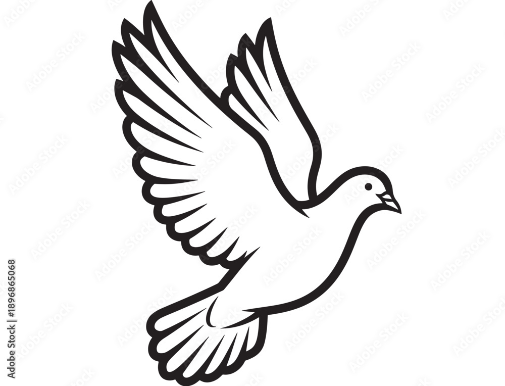 Fototapeta premium Dove bird with wings outstretched in flight, simple black outline symbol representing peace, spirituality, and freedom, with detailed feathers and natural posture.