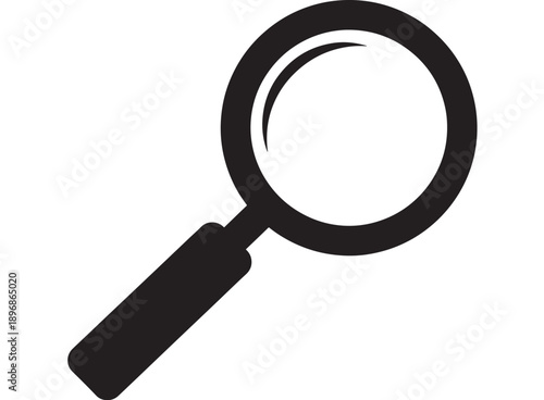 Magnifying glass icon with black handle and circular lens, simple silhouette representing search or investigation tool for digital interfaces and visual communication