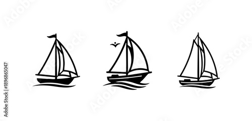 Minimalist black line art of a sailing yacht on water