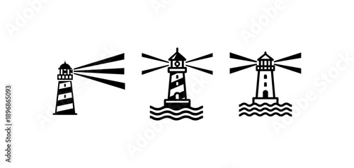 Minimalist lighthouse with light beams on the ocean icon.