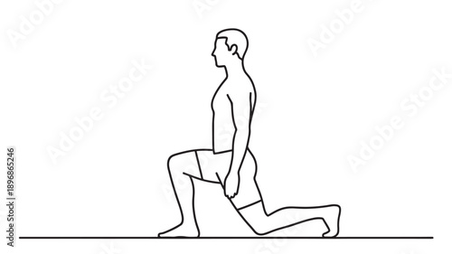 Kneeling lunge exercise pose with one knee on the ground, standing leg bent at a 90-degree angle, upper body upright, arms relaxed at sides, and head facing forward in a minimalist line drawing.