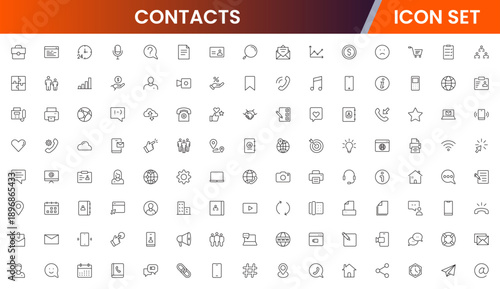 Contacts icons depicting address books, phone directories, profiles, communication, emails, phone calls, networking, connections, user information, social links, personal contacts, organization, manag