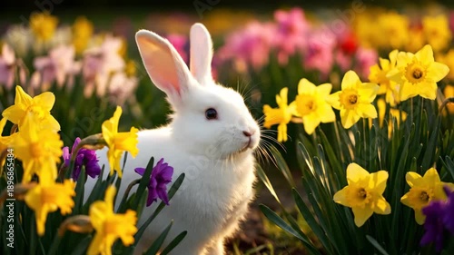 White bunny amidst vibrant yellow and purple flowers, springtime scene