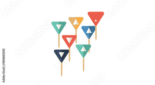 Colorful triangular warning signs on sticks.