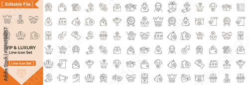 VIP & Luxury icon, Vector illustration include icon - benefit, ribbon, diamond, quality, crown, laurel, victory, star set of line icons related to VIP. Class, medal, shop, items, red carpet, icon set