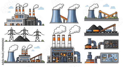 Industrial factory buildings with smoking chimneys and power lines illustration.