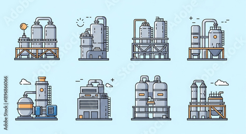 Industrial factory buildings and manufacturing plants vector icons.