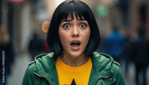 Surprised Urban Encounter: A young woman with a striking bob cut and a look of stunned surprise stands amidst a blurred urban backdrop, her expression capturing a moment of shock or astonishment.