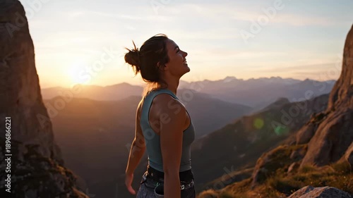 Woman on mountain top embraces sunset with arms wide, joyfully free