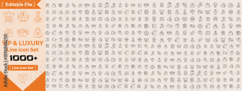 VIP & Luxury icon, Vector illustration include icon - benefit, ribbon, diamond, quality, crown, laurel, victory, star set of line icons related to VIP. Class, medal, shop, items, red carpet, icon set