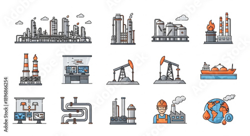 Industrial factory and oil rig icons set.