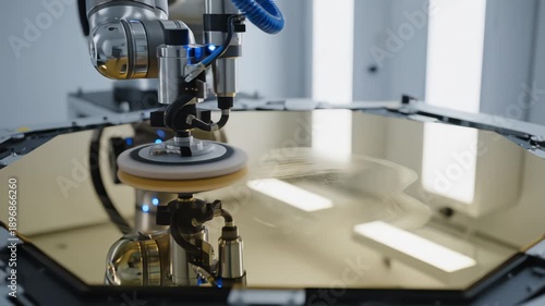 Close Up of Automated Robotic Arm Polishing Gold Mirror Surface in High Tech Clean Room Laboratory