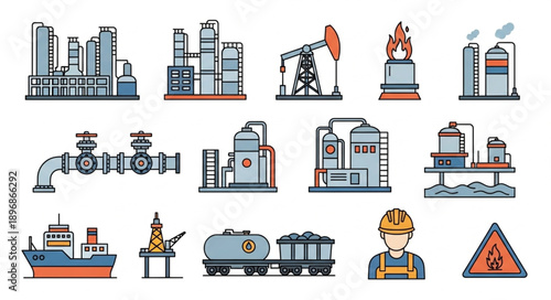 Industrial factory and oil rig icons set.