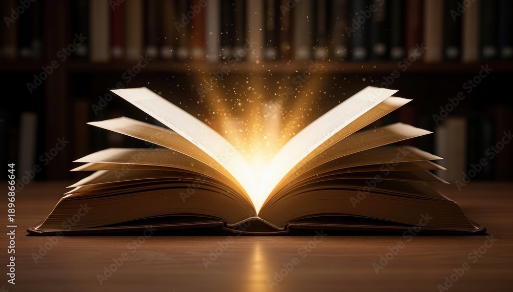 Fototapeta premium Illuminated Pages: An open book glows with inner light, suggesting the transformative power of knowledge and the beauty within words. 