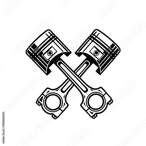 Crossed Pistons Engine Parts Black and White Illustration.