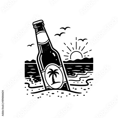 A refreshing bottle of beer on a tropical beach.