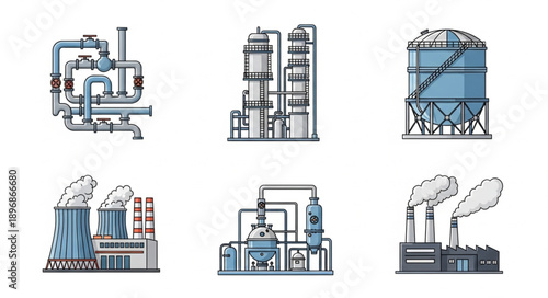 Industrial factory and plant illustrations with pipes and tanks.