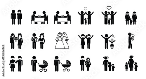 LGBTQ family icons set, gay and lesbian couples with children, wedding, dinner date, parenting, adoption, and diverse relationship 