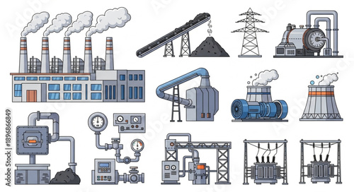 Industrial factory and power plant equipment illustrations.