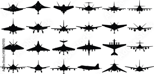 Military aircraft silhouette set, fighter jet icons, cargo plane, bomber, and passenger airplane collection, aviation vector illustration for air force,