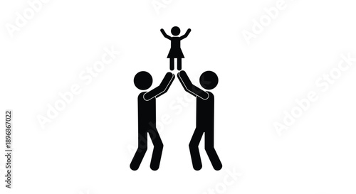 Minimalist black vector illustration of two figures lifting a child, representing parenting, family support, success, and teamwork, isolated on white
