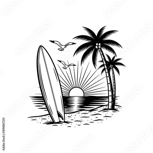 Surfboard and Palm Trees on a Tropical Beach Sunset.