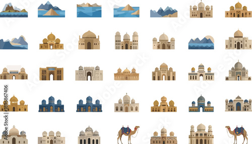 Vector illustration set of a cute Arabic town elements such as Arabic styled buildings, rivers, deserts, and camel in a seamless decorative style