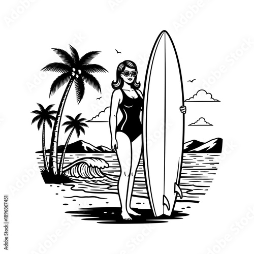 Woman with Surfboard on Beach Illustration.