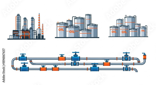 Industrial factory and storage tanks with pipelines illustration.