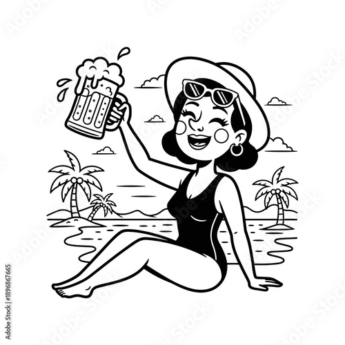 Happy Woman Enjoying Beer on Tropical Beach Vacation.