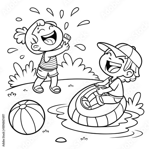 Summer Coloring Page—Kids Water Balloon Game