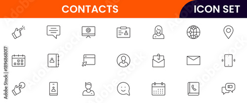 Contacts icons depicting address books, phone directories, profiles, communication, emails, phone calls, networking, connections, user information, social links, personal contacts, organization, manag