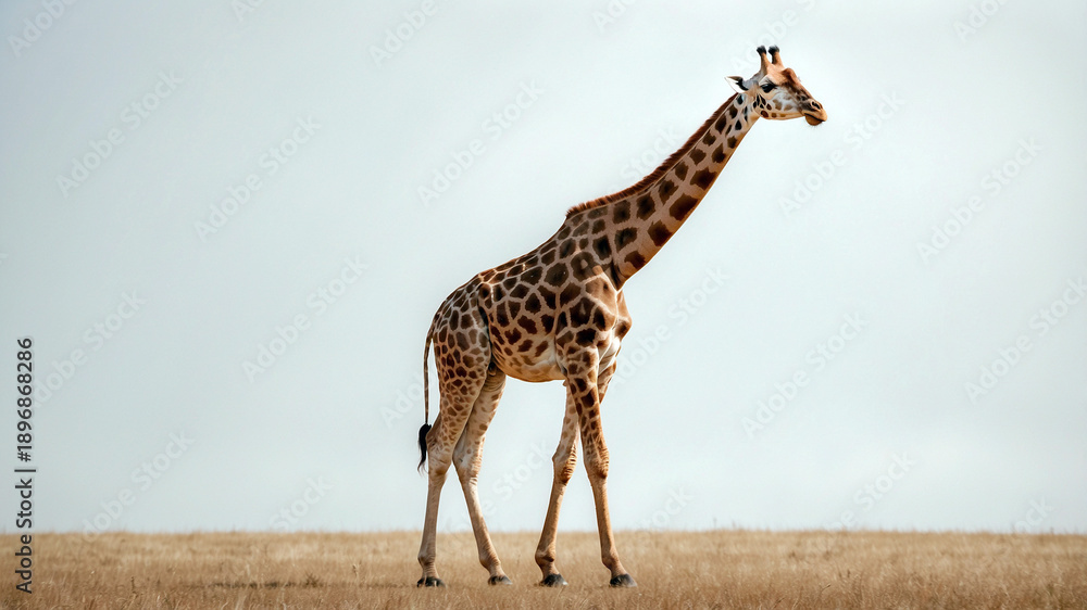 Obraz premium a lone giraffe in a dry grassland with a cloudy sky