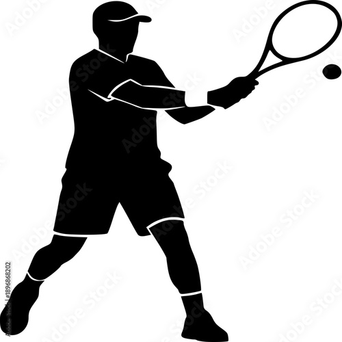 Tennis player silhouette vector illustration holding a racket in action