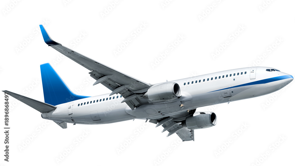 Fototapeta premium Commercial airplane flying isolated on white background