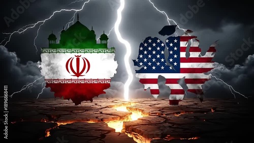 Conflict and tension between Iran and the United States are symbolized by images of flags and lightning, and cracked ground.