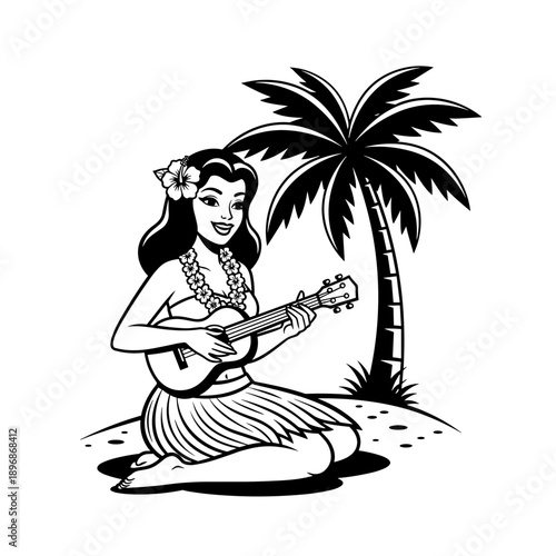 Vintage Hawaiian Woman Playing Ukulele Under Palm Tree.