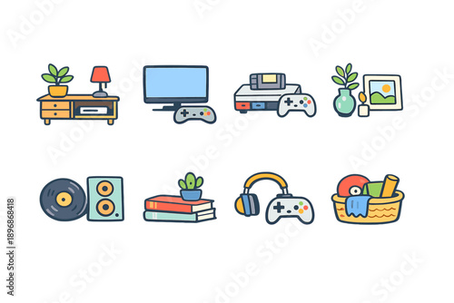 Collection of retro gaming and home entertainment icons with a playful, cartoonish style