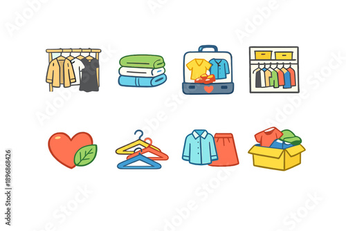 Collection of clothing and wardrobe icons representing organization and donation