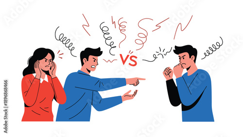 Two men engage in a heated argument or conflict while a woman nearby covers her ears to avoid the loud shouting and negative energy from them.