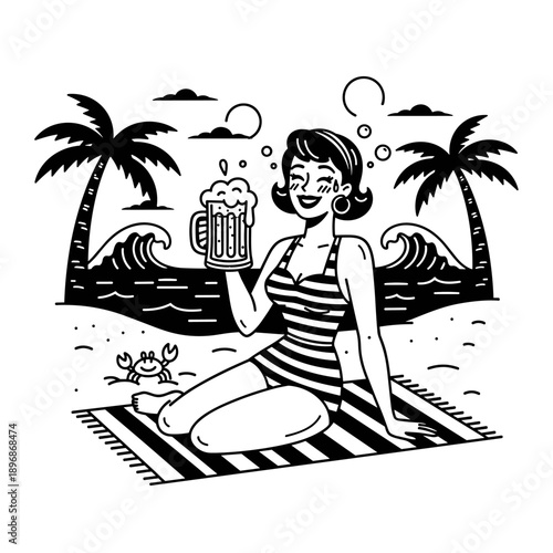 Retro woman enjoying a cold beer on the beach.