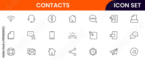 Contacts icons depicting address books, phone directories, profiles, communication, emails, phone calls, networking, connections, user information, social links, personal contacts, organization, manag
