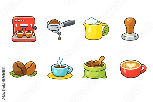 Collection of cute cartoon coffee-making icons and ingredients on a black background