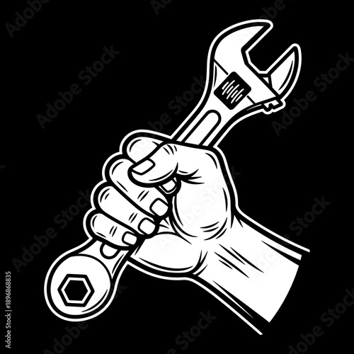 Hand Holding Adjustable Wrench Tool.