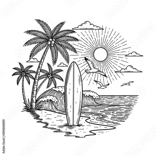 Surfboard on a tropical beach with palm trees.