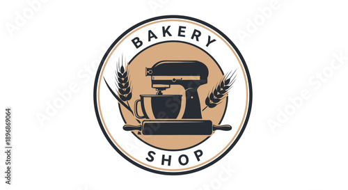 Bakery Shop Logo with Mixer and Rolling Pin.