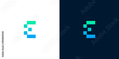 Dynamic pixelated letter E logo design, featuring a modern gradient color scheme and abstract block structure, ideal for technology, digital, and startup branding